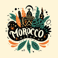 A colorful logo of a tree in the background. The word Morocco is written in the center
