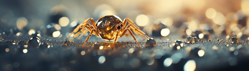 Close-up of a spider weaving its web, meticulous detail on silk threads, dew drops, morning light casting soft shadows, impressive cubism art style - obrazy, fototapety, plakaty