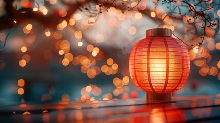 Warm glow of festive lantern against a bokeh light backdrop, creating a cozy atmosphere