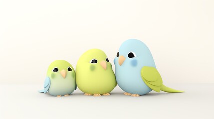 A family of pastelcolored parakeets snuggling together 3D, flat design