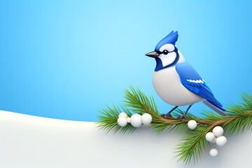 A fluffy bluejay perched on a snowy branch, feathers ruffled against the cold 3D, flat design