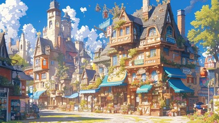 cartoon illustrations of whimsical fantasy buildings alongside charming old colonial style town structures blended with cartoon architecture