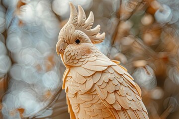 Detailed wooden cockatiel sculpture. Inquisitive expression and playful pose AI Image