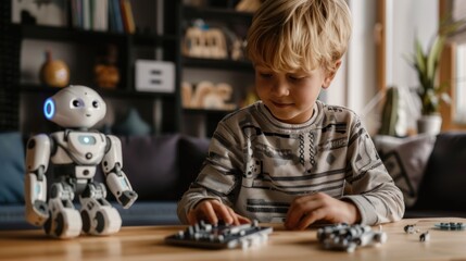 A cheerful boy is passionate about playing, sitting at a table in a children's room and interacting with a toy robot. A child controls his mechanical friend.