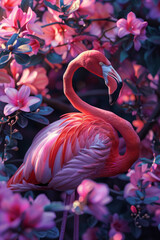 Illustration of a pink flamingo covered in fresh spring flowers set against a tropical background, creating an abstract animal concept.