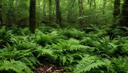 A dense thicket of ferns covering the forest floor upscaled 2