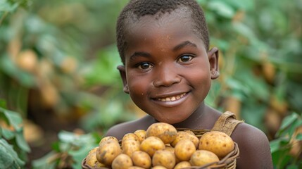 Young African boy standing happily in a field, clutching a basket filled with freshly harvested potatoes with copy space
