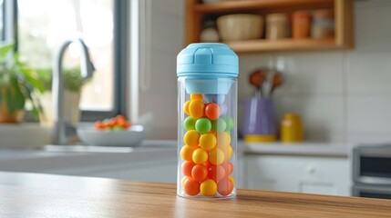 candy gum in the transparant bottle package, kitchen background setting