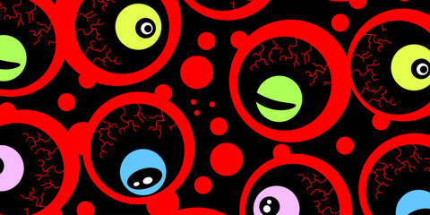 Cartoon evil eyes pattern for halloween cover. Horror illustration background.