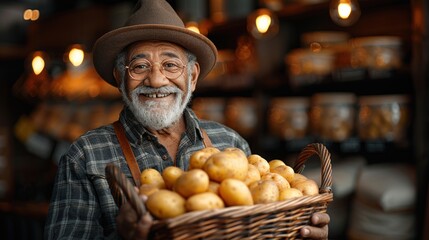 An elderly man holds a basket filled with freshly picked potatoes. Harvesting crops