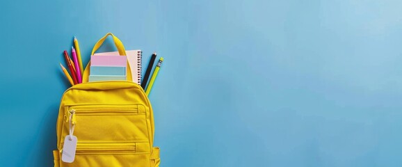 A yellow backpack with school supplies on a blue background.