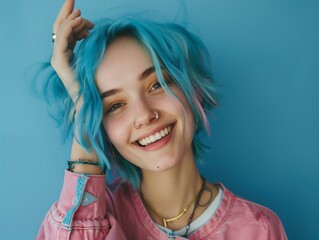 A young lady smiling with blue hair