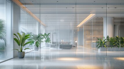 Elegant and modern glass office interior bathed in soft light with green plants