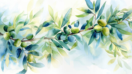 A delicate watercolor painting capturing the peaceful beauty of olive branches, with soft green leaves and ripe olives.