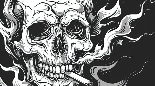 The skeletal figure is depicted with a cigarette in his mouth, emitting a sense of danger and rebellion in a surreal style