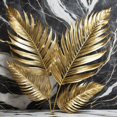 golden palm leaves arranged against a backdrop of white and black marble, presented in a lifelike rendering. The shimmering gold leaves stand out against the elegant marble background, creating a visu