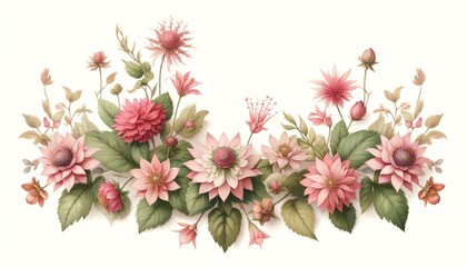 Watercolor Illustration of a 'Raspberry Wine' Bee Balm Floral Border - obrazy, fototapety, plakaty