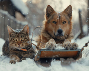 A cat stubbornly refusing to sled down a hill choosing instead to sit on its sled and be pulled by a confused dog - obrazy, fototapety, plakaty