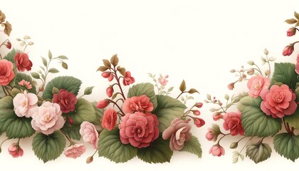 Watercolor Illustration of a Tuberous Begonia Floral Border