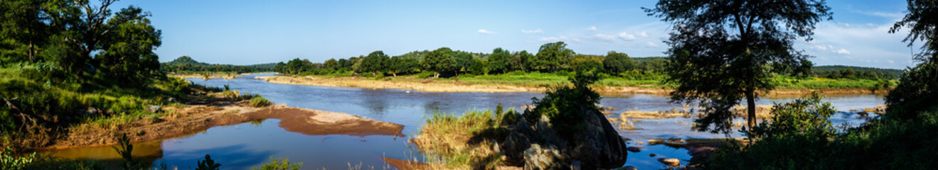 Olifant river panoramic scenery view in Kruger National park, South Africa - obrazy, fototapety, plakaty