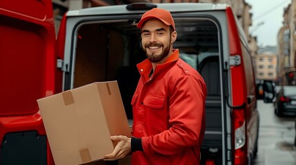 Naklejka premium Smiling shipment service man, a mid adult courier in uniform, holding a customer order, looking up while unloading a cardboard box from the delivery truck. Portrait of a worker.