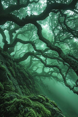 An eerie forest enveloped in mist with ancient trees that seem to whisper secrets to those daring enough to explore.