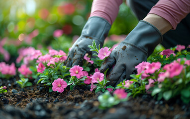 Gardener planting flowers in the garden at spring