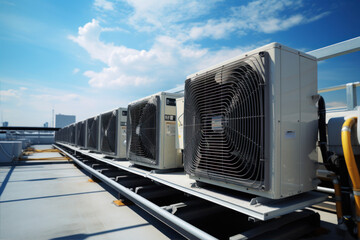 Air conditioners on the roof of the building with blue sky background