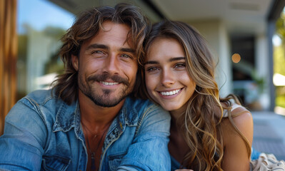 Portrait of happy young couple sitting at cafe. Happy man and woman embracing and looking at camera while sitting at coffee shop.