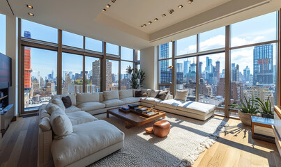 Modern penthouse living room with floor-to-ceiling windows and view of the Manhattan skyline. - obrazy, fototapety, plakaty