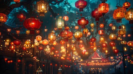 Enchanting array of hanging lanterns illuminating a festive night with warm glowing lights