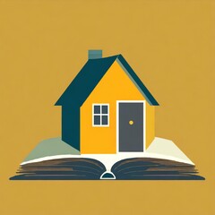 petite maison jaune et bleue foncé posée sur un livre ouvert dessin en ia - obrazy, fototapety, plakaty