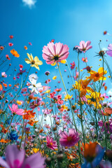 Vibrant spring meadow filled with colorful flowers against a clear blue sky
