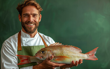 Portrait of handsome chef cook holding fresh fish in the kitchen - obrazy, fototapety, plakaty