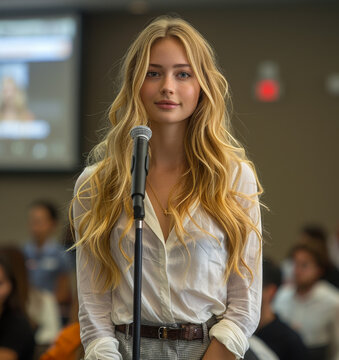 Young woman stands at microphone in front of crowd.