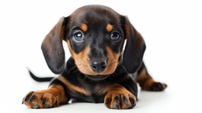 Adorable dachshund puppy on a white background