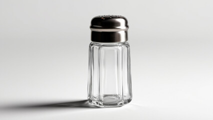 Clear glass salt shaker, stainless steel cap, kitchen staple, isolated on a white background