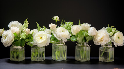 Beautiful artificial flowers in glass vases on black background, stock photo