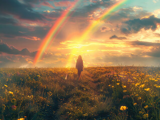 A serene landscape with a rainbow shining down on a solitary figure