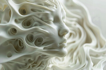 An AIgenerated sculpture with fluid organic lines and swirling patterns set against a sterile white backdrop
