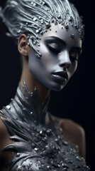 Portrait of a beautiful woman with silver make-up and bodyart