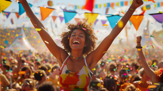 Joyful woman with raised arms and visible armpit hair celebrating at a music festival.