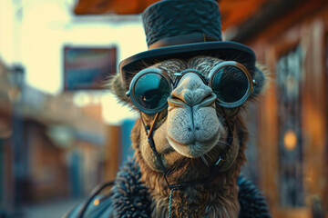 Illustrate a comical camel wearing a top hat and monocle - obrazy, fototapety, plakaty