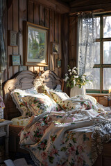 Rustic Elegance: Country Cottage Bedroom with Floral Print Bedding & Lace Curtains