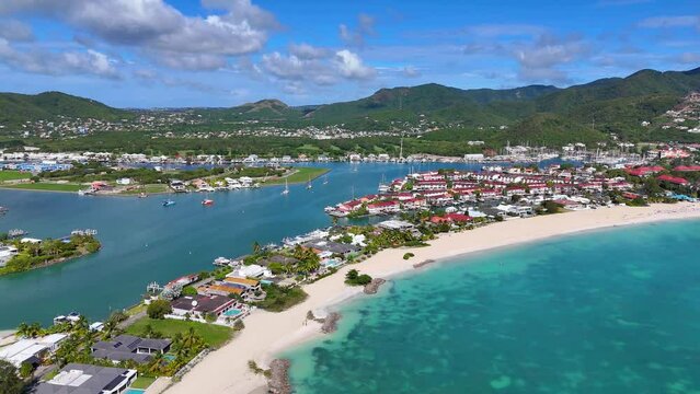 Aerial view of the popular Jolly Harbour at Antigua island, Caribbean, with yacht marinas and beautiful beaches