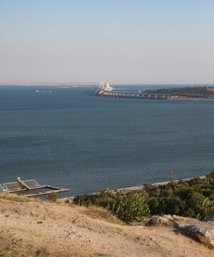 View of the Crimean bridge from Mount Mitridat in Kerch in summer