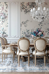 French Provincial Dining Delight: Floral Wallpaper & Upholstered Chairs