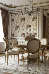 French Provincial Dining Delight: Floral Wallpaper & Upholstered Chairs