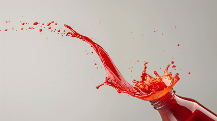 A bottle of tomato ketchup tilted sideways, with a stream of red sauce splashing out and creating a dramatic arc against a clear background
