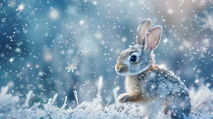 A rabbit with snowy colors hopping near a magical. shimmering pearl and diamond snowflake pattern. 